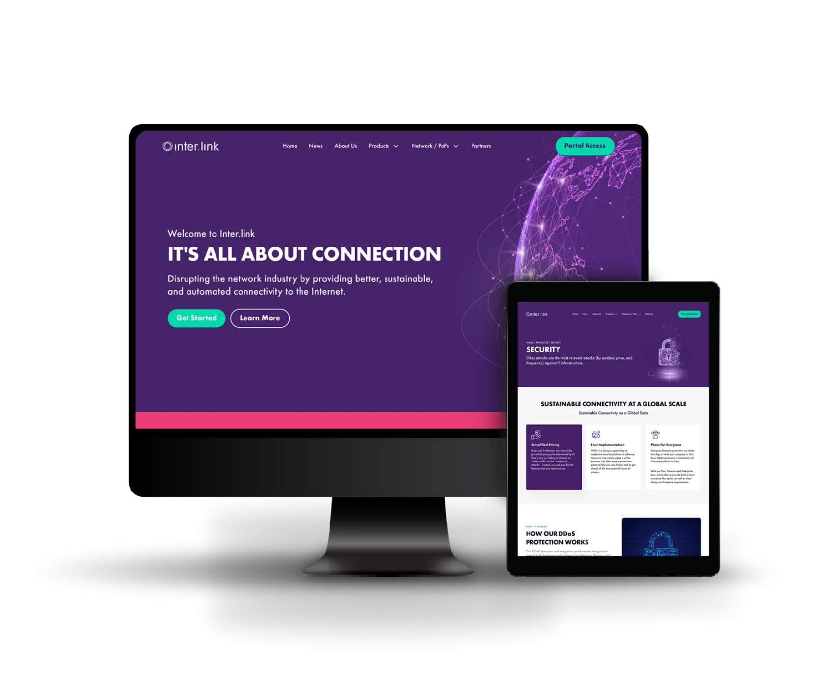 A desktop monitor and a tablet display a purple-themed website homepage titled Its all about connection for Inter Link, a network industry company. The screens highlight navigation menus and feature sections focused on AI SEO solutions for businesses.